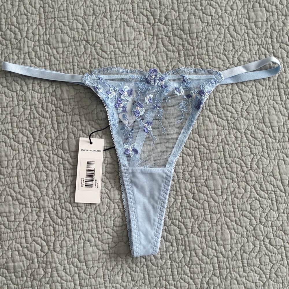 NEW Kat the Label Sofia Embroidered Thong Light Cornflower Blue Medium Panties